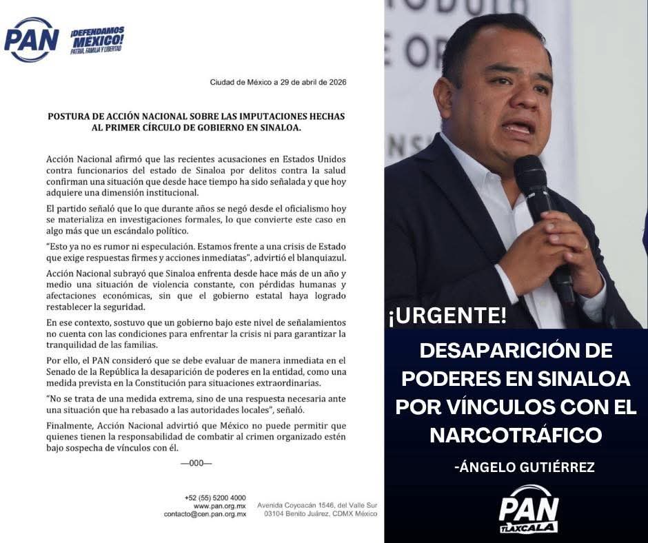 Se suma PAN Tlaxcala a demanda de desaparición de poderes en Sinaloa por vínculos con el narcotráfico